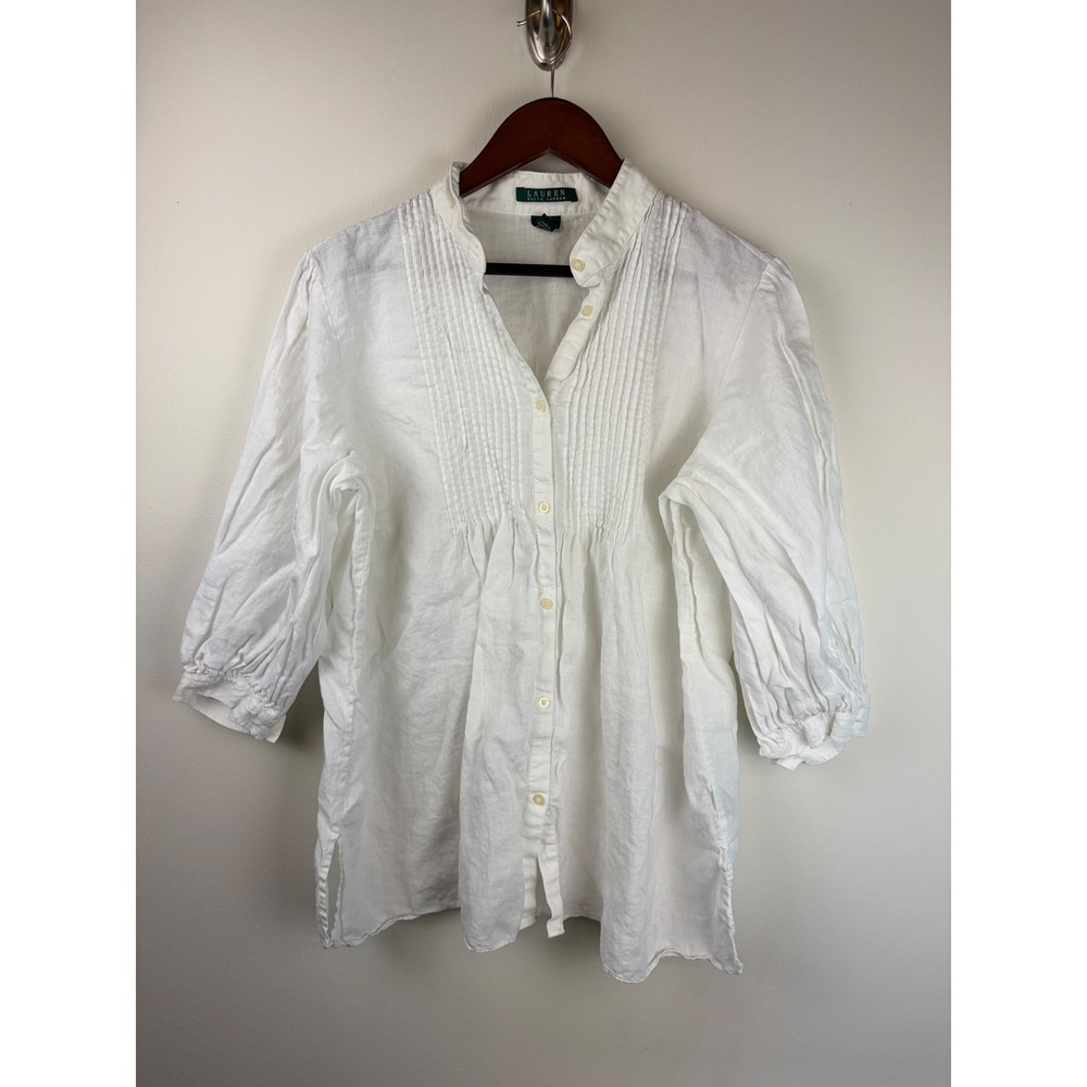 Lauren Ralph Lauren Blouse 1X White Linen Pintuck Pleated Button Up Tunic Top